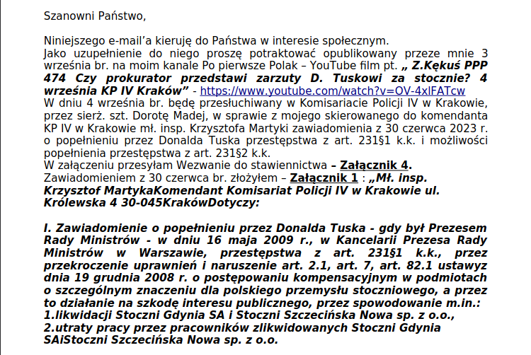 Czy Donald Tusk poniesie karne konsekwencje spowodowania upadku Stoczni w Gdyni i Szczecinie. Moje stawiennictwo 4 września, KP IV Kraków