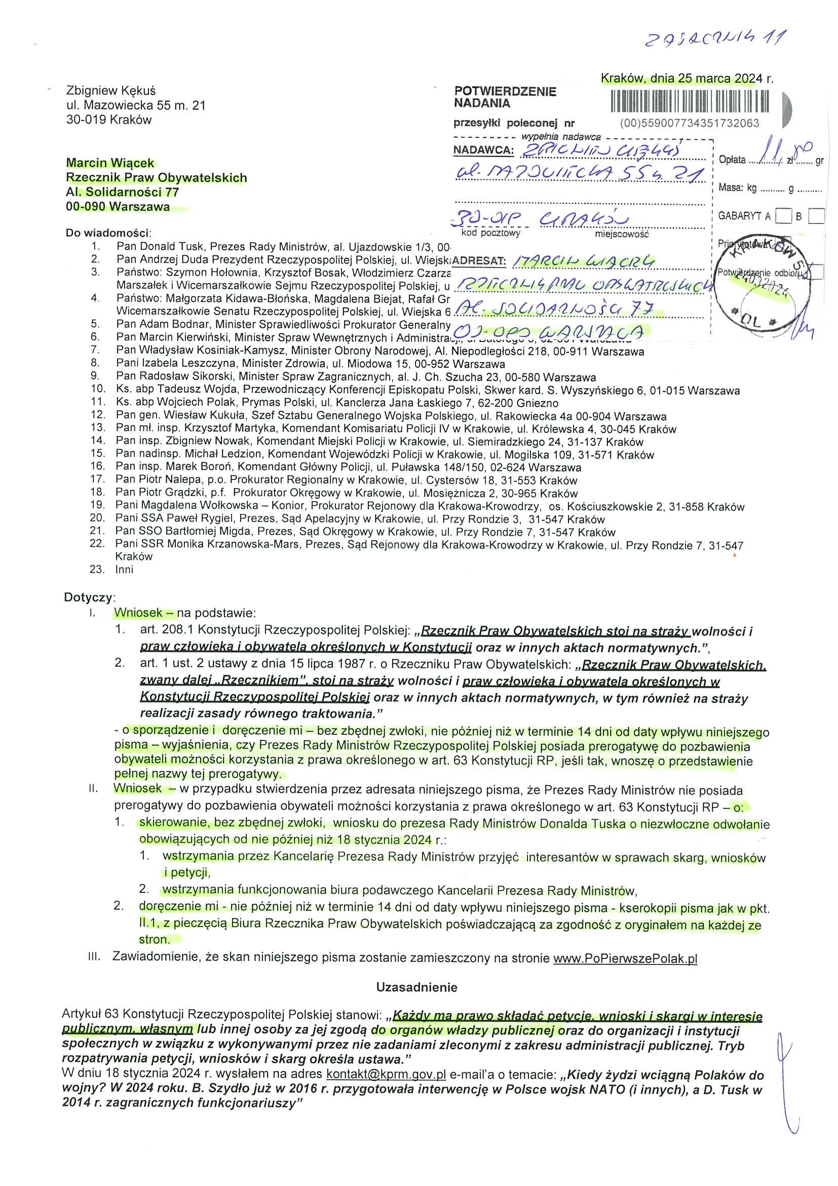 2024.03.25 Wniosek Z. Kękusia do rzecznika praw obywatelskich Marcina Wiącka w związku z pozbawieniem Polaków przez premiera Donalda Tuska możności korzystania z prawa określonego w artykule 63 Konstytucji Rzeczypospolitej Polskiej.