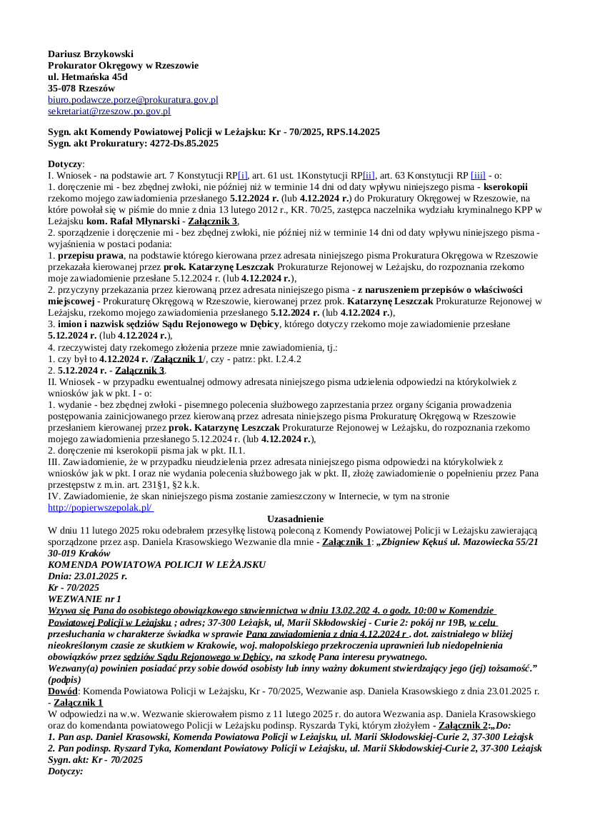 2025.03.03. Pismo Zbigniewa Kękusia do prokuratora okręgowego w Rzeszowie Dariusza Brzykowskiego w sprawie zawiadomienia rzekomo przesłanego 5.12.2024 r. (lub 4.12.2024 r.).