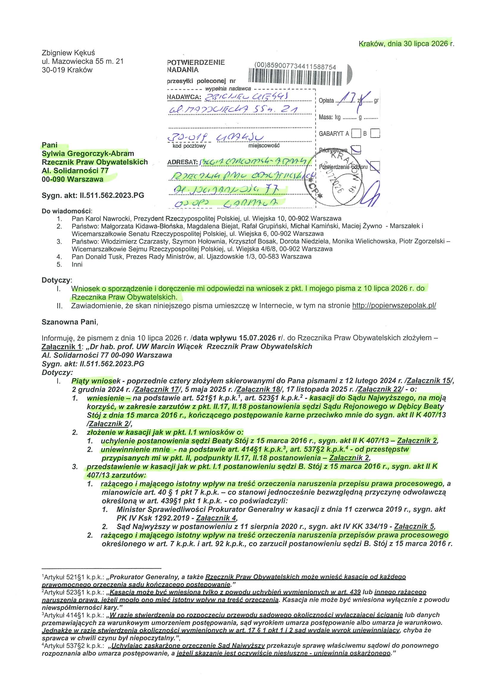 2026.07.30 Pismo Zbigniewa Kękusia z 30 lipca 2026 r. /data wpływu 03.08.2026/ do rzecznika praw obywatelskich Sylwii Gregorczyk-Abram w sprawie prawomocnego postanowienia sędzi Sądu Rejonowego w Dębicy Beaty Stój z dnia 15 marca 2016 r., kończącego postępowanie karne przeciwko Z. Kękusiowi.
